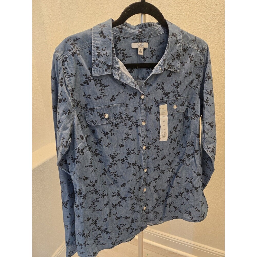 Croft & Barrow Floral Denim Shirt Blue Floral Button Down Pocket Top Women Large